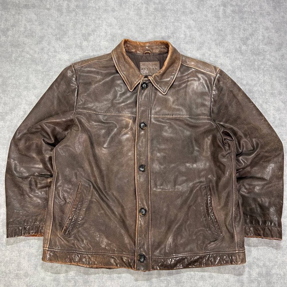Vintage Merona Leather Shirt Jacket Mens XXL Brown Genuine Leather Y2K Lined